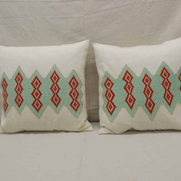 Aqua & Red Embroidered Square Pillow Covers - Set of 2 - Picture 2 of 5